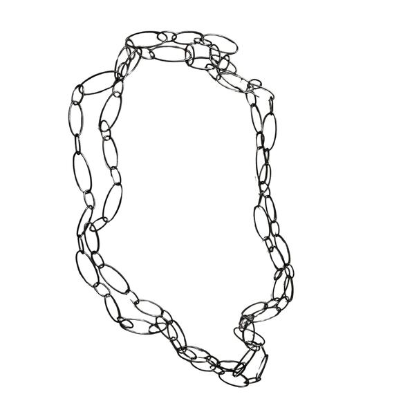 1950s MCM Gun Metal Thin Opera Length Long Open SIlver Chain Link Necklace - Picture 2 of 5